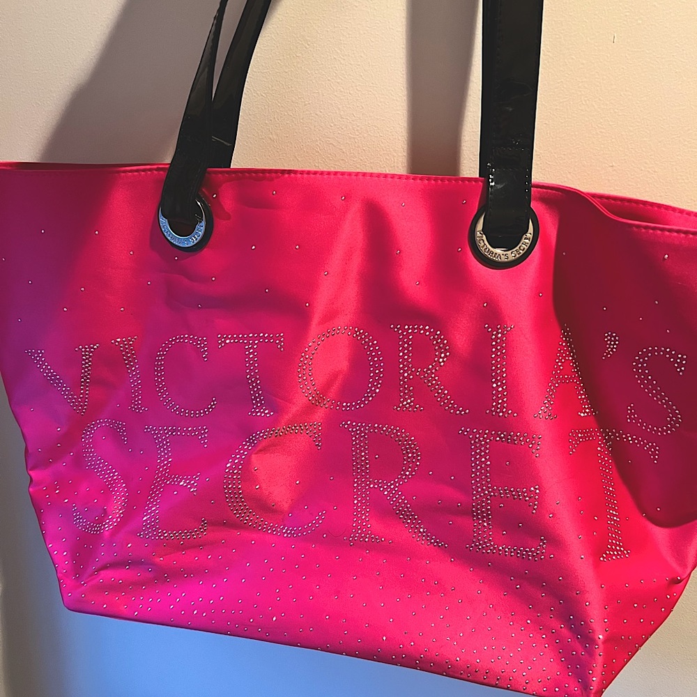 Victoria’s Secret hot pink satin rhinestone tote with black patent handles